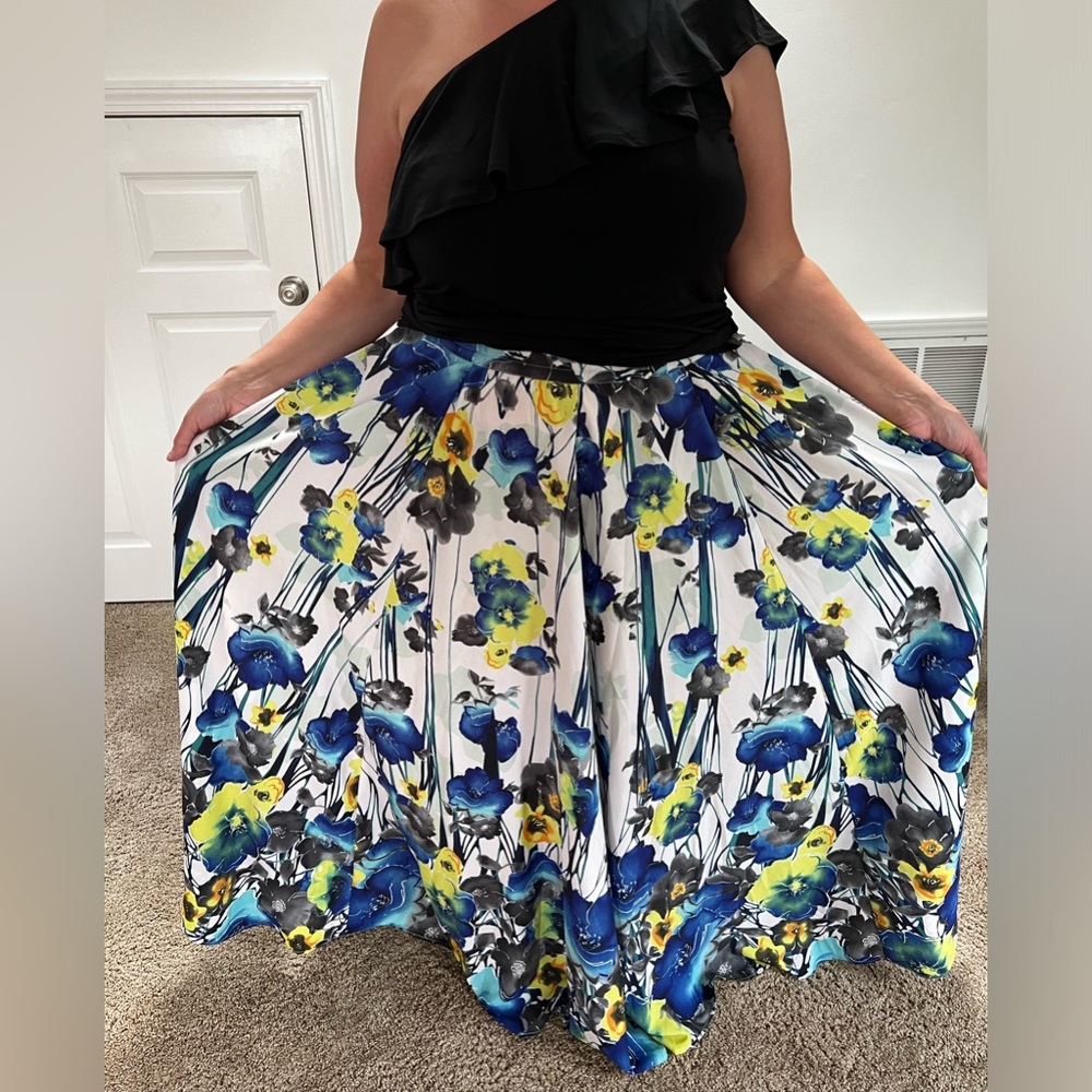 XL FLORAL BLUE AND YELLOW SATIN MAXI SKIRT